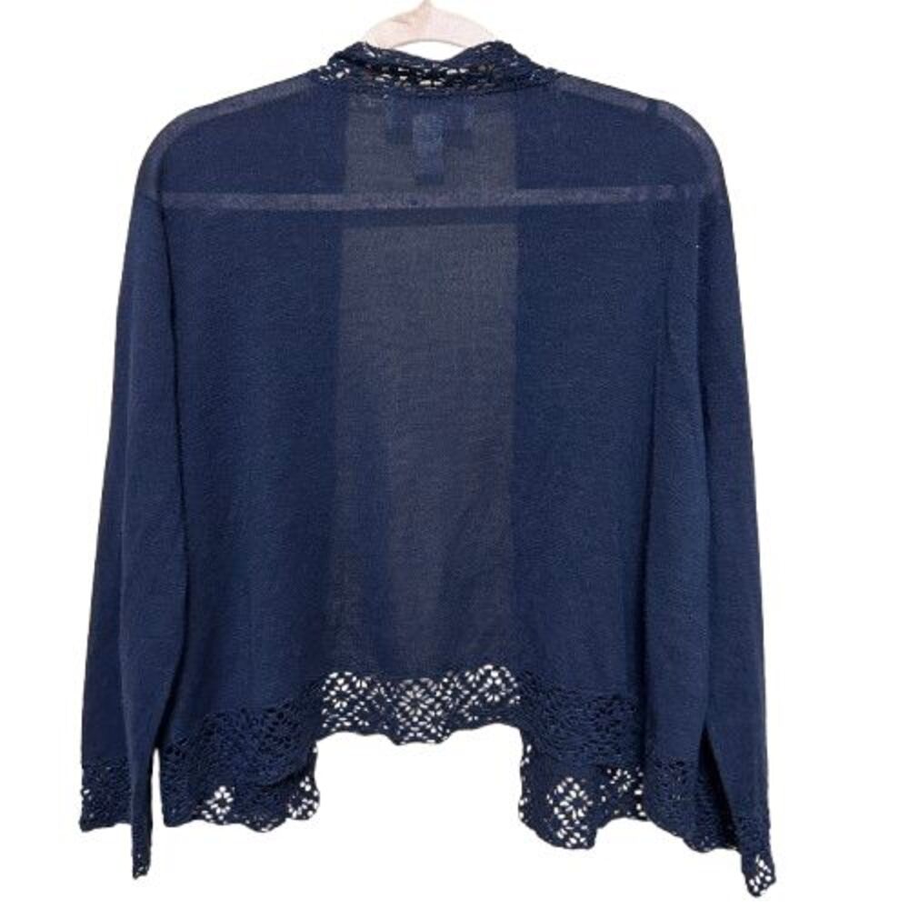 VTG Norton McNaughton Open Front Cardigan Sweater XL Navy Blue Crochet Coastal - Picture 3 of 5